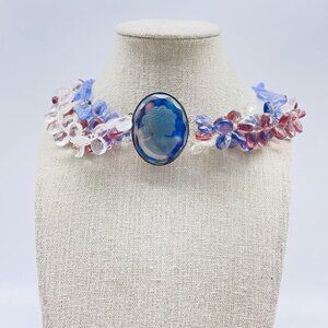 Vintage Multicolor Beaded Collar Necklace Cameo Center Oval Pastel Drop